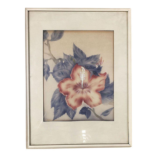 1940s Post War Red Hibiscus Airbrush Painting on Paper by Tip Freeman, Framed 1940s Post War Red Hibiscus Airbrush Painting on Paper by Tip Freeman, Framed