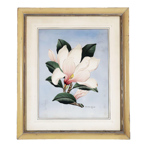 White/Pink Magnolia Watercolor Painting on Paper Signed Shirrell Graves, Framed