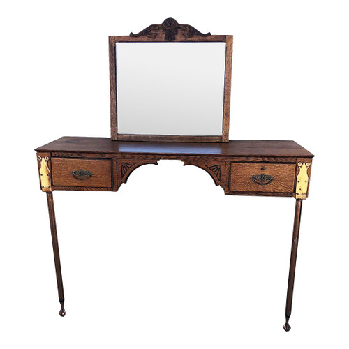 1900s Edwardian Clawfoot Oak Wall Mount Vanity With Mirror