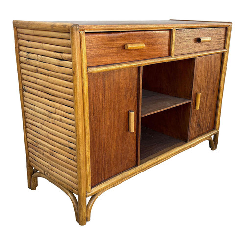 Restored Early Mid-century Stacked Rattan Credenza TV Stand w/ Mahogany Top Restored Early Mid-century Stacked Rattan Credenza TV Stand w/ Mahogany Top