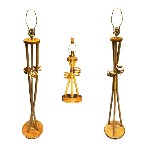 Restored Mid-Century "Hourglass" Rattan Floor/Table Lamps Set of 3 Restored Mid-Century "Hourglass" Rattan Floor/Table Lamps Set of 3