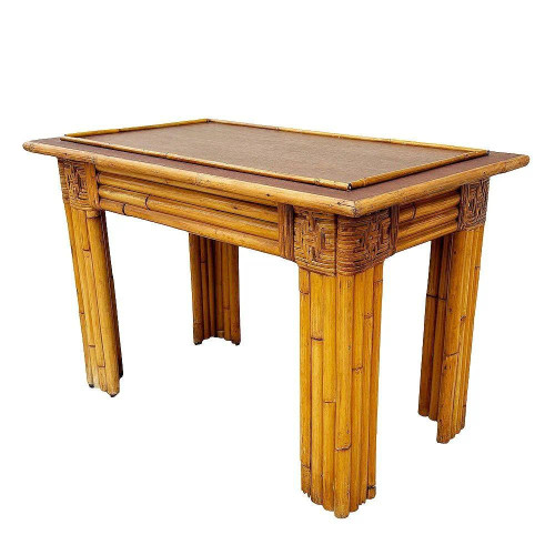 1950s Restored Vertically Stacked Rattan Console Table W/ Mahogany Top 1950s Restored Vertically Stacked Rattan Console Table W/ Mahogany Top