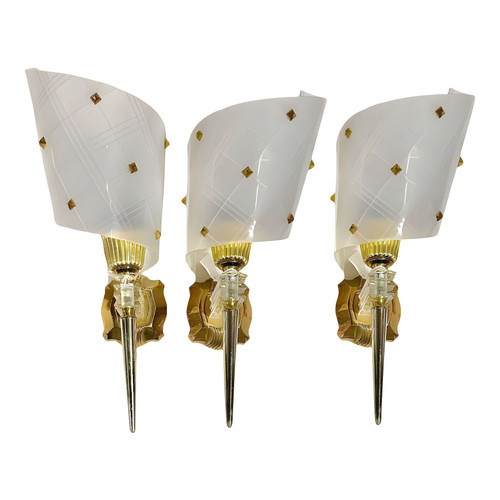 Set of 3 French MCM Brass & Lucite Wall Sconces by Pierre Guariche for Luminaires