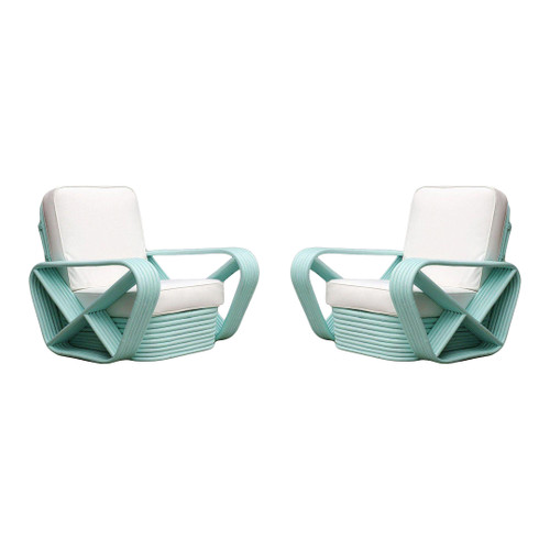 1930s Restored Pair of Teal Square Pretzel Stacked Rattan Lounge Chairs in Style of Frankl 1930s Restored Pair of Teal Square Pretzel Stacked Rattan Lounge Chairs in Style of Frankl