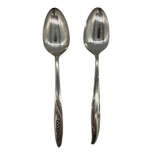 Mid-Century "Silver Flower" and "Song of Autumn" Serving Spoons by Oneida Silver, Pair Mid-Century "Silver Flower" and "Song of Autumn" Serving Spoons by Oneida Silver, Pair