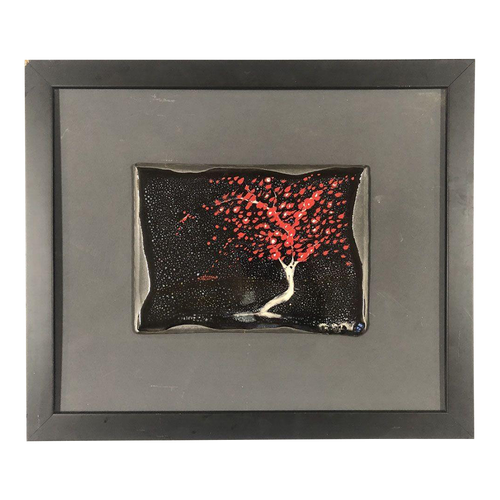 1980s Silver Metal Tree Landscape With Fall Leaves Framed Pottery by Tom Turnbull