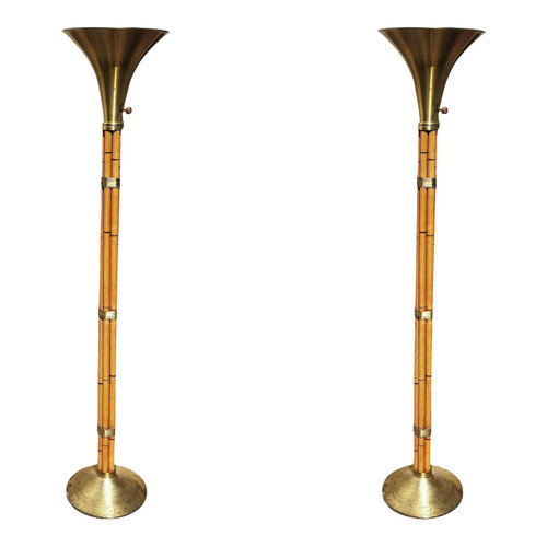 1950s Restored Stacked Rattan Torchère Floor Lamps With Brass Shade, Russel Wright Style - a Pair 1950s Restored Stacked Rattan Torchère Floor Lamps With Brass Shade, Russel Wright Style - a Pair