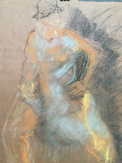 28" x 36" Women in Hat & Dress White Pastel on Brown Paper 28" x 36" Women in Hat & Dress White Pastel on Brown Paper