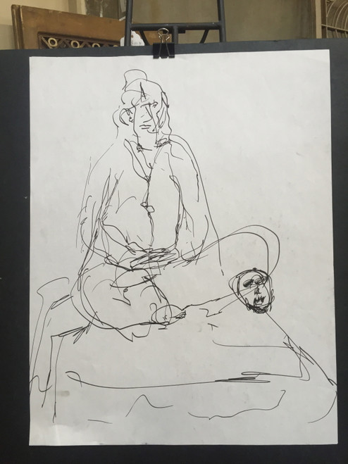 22" x 35" Abstract Women w/ Mask Drawing on Paper