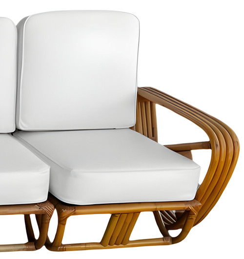 Vintage Mid Century Restored Tropical Sun Rattan sofa with custom white cushions made to order in Los Angeles Paul Frankl Style