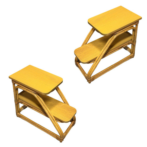 1950s Restored Mid-Century Double-Strand Arched 2-Tiered Rattan & Oak Side Table, Pair