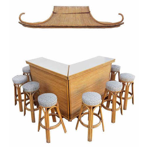 1940s Mid-Century James Mount Style Stacked Rattan Corner Bar W/ Asian Xie Shan Roof 1940s Mid-Century James Mount Style Stacked Rattan Corner Bar W/ Asian Xie Shan Roof