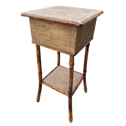 1900s Aesthetic Movement Tiger Tortoise Bamboo & Grassmat Pedestal Table Storage Box