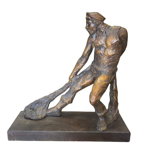 Modern Fisherman with Net Large Plaster Sculpture on Wood Base by Kimro 1969