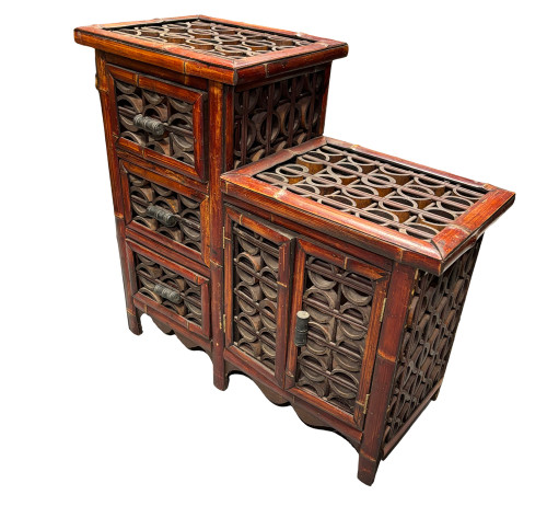Late Qing Dynasty Split Bamboo & Lattice Top Chippendale Cabinet W/ 3 Drawers Late Qing Dynasty Split Bamboo & Lattice Top Chippendale Cabinet W/ 3 Drawers