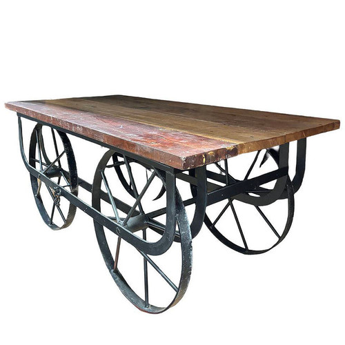 1990s Industrial Iron & Wood Railroad Style Rolling Trolly Cart Coffee Table 1990s Industrial Iron & Wood Railroad Style Rolling Trolly Cart Coffee Table