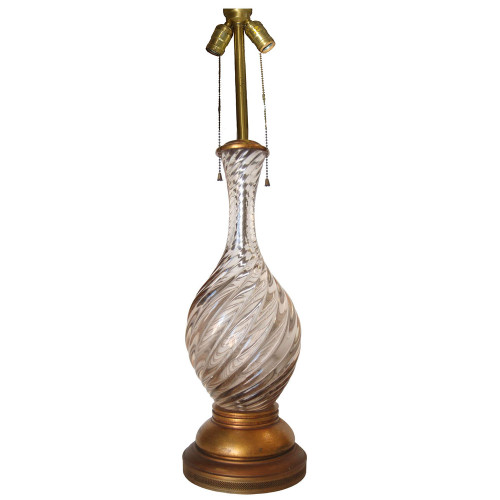 Italian Mid-Century Pink Swirled Murano Glass Table Lamp With Brass Base