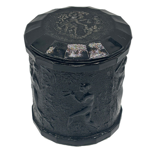 1937 l.e. Smith Dancing Nymphs & Saytr Black Amethyst Glass Canister with Lid