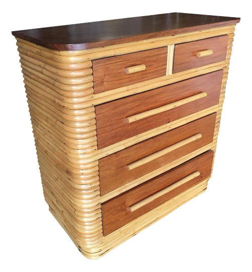 1930s Restored Highboy Stacked Rattan and Mahogany Dresser 1930s Restored Highboy Stacked Rattan and Mahogany Dresser