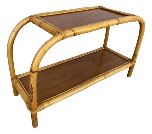 Restored 1950s Mid-Century Two-Tier Rattan & Mahogany Arched Side Table Restored 1950s Mid-Century Two-Tier Rattan & Mahogany Arched Side Table