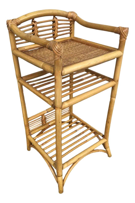 Restored 1950s Mid-Century Rattan & Wicker Three-Tier Book/Magazine Holder Restored 1950s Mid-Century Rattan & Wicker Three-Tier Book/Magazine Holder