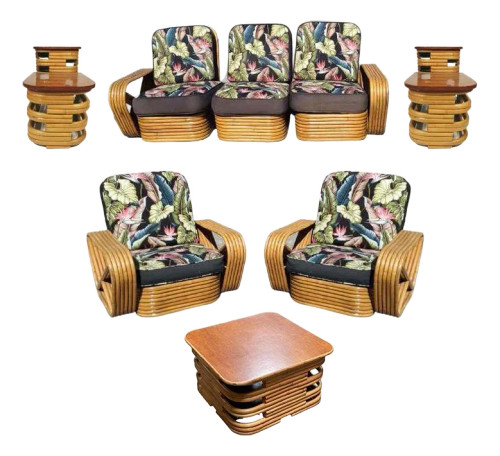 Restored 1930s 6-Strand Square Pretzel Stacked Rattan Lounge Chair, Sofa Livingroom Set - 6 Pieces