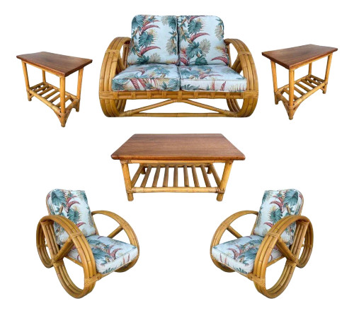 Restored 1950s Mid-Century Child Size 3-Strand Round Pretzel Rattan Living Room Set