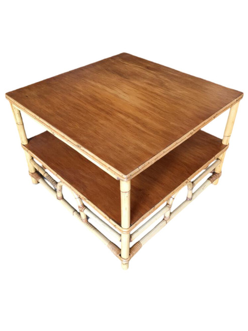 1950s Restored Two-Tier Rattan "Center Horseshoe" Coffee Table W/ Mahogany Top 1950s Restored Two-Tier Rattan "Center Horseshoe" Coffee Table W/ Mahogany Top