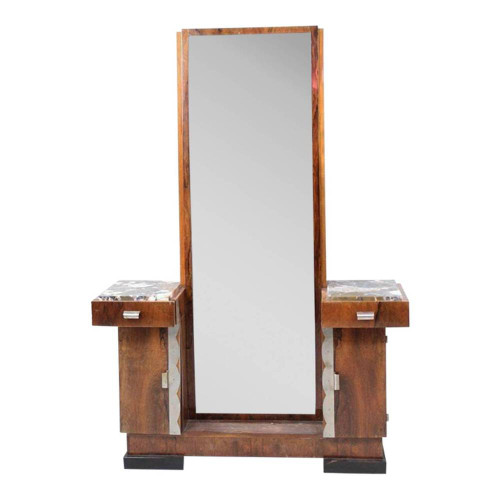 1930s Art Deco Donald Deskey Style Palisander Wood and Marble Vanity W/ Full Mirror 1930s Art Deco Donald Deskey Style Palisander Wood and Marble Vanity W/ Full Mirror