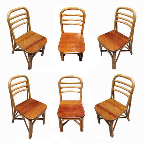 1950s Restored Rattan Skeleton Back Dining Room Chair With Mahogany Seat- Set of 6 1950s Restored Rattan Skeleton Back Dining Room Chair With Mahogany Seat- Set of 6