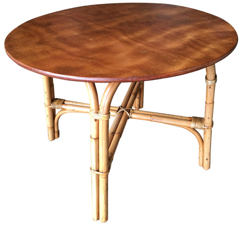 1950s Restored Vintage Round "X" Base Rattan Coffee Table With Oak Top 1950s Restored Vintage Round "X" Base Rattan Coffee Table With Oak Top