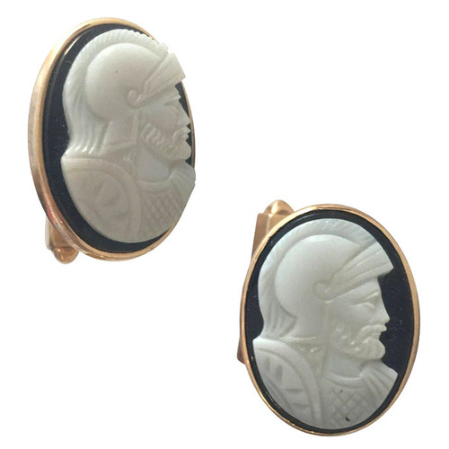 Hand Carved Shell "Knight" Cameo Cufflinks in 14-Karat Gold with Bullet Back Clasp