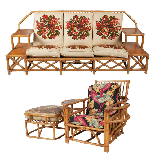 Rare MCM Stepped Rattan Sofa Chair Ottoman Livingroom Set w/ Built in End tables