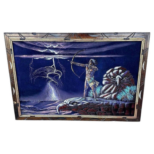 Mid-century Native Archer & Eagle Oil Velvet in Carved Frame by Ernesto Sanchez