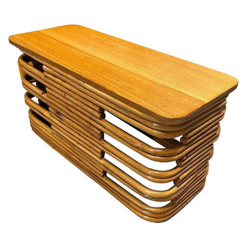 Restored Mid-century Stacked Rattan Side Drinks Table w/ Mahogany