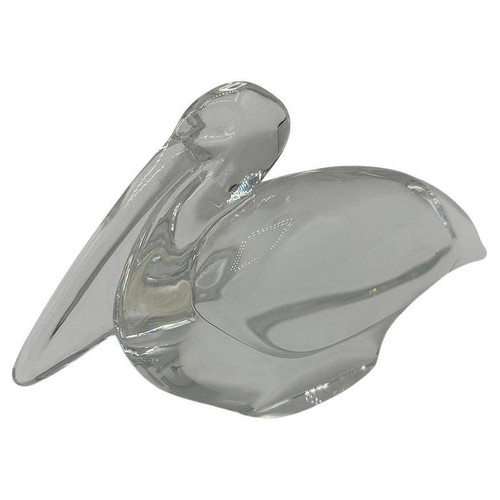 Vintage French Paperweight Crystal Pelican Sculpture, Signed Baccarat