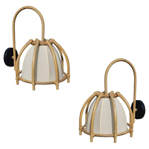 Natural Finish Rattan Skeleton Shade Wall Sconce, Pair