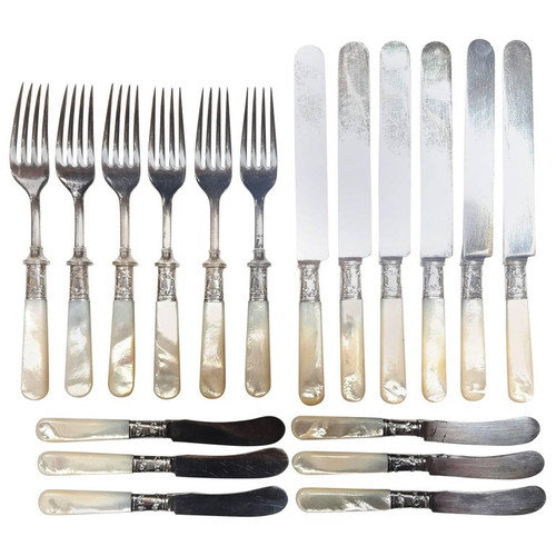 Antique Fish Flatware Set, Sterling Silver with Mother-of-pearl, Set of 18