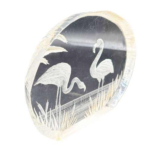 Modern Flamingos In Water Round Reverse Carved Lucite Paperweight Sculpture