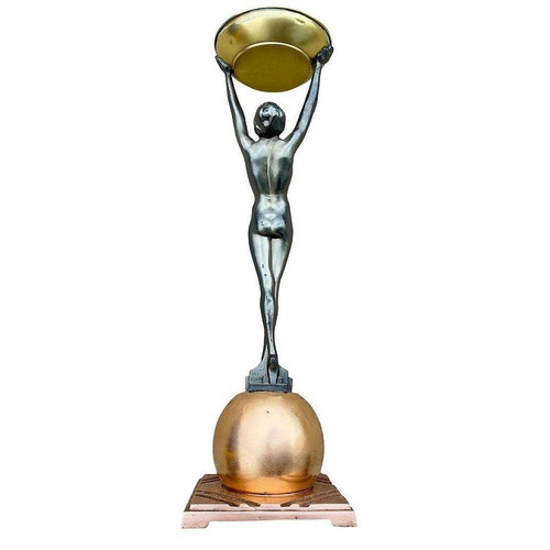 Standing Nude on Ball Art Deco Sculptural Smoke Stand Model T330 by Frankart