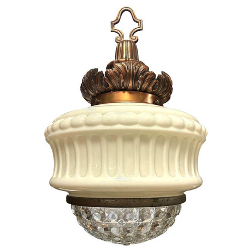 Art Deco Copper Acanthus Leaf Pendant Light w/ Crystal & Milk Glass Acorn Shade