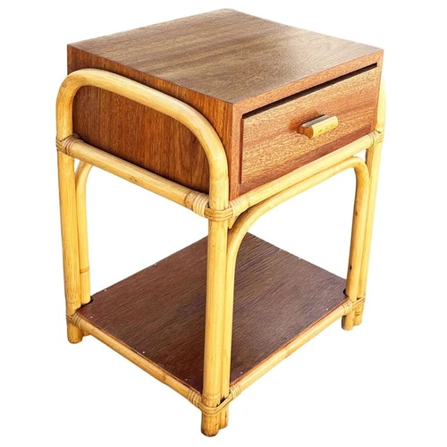 Restored Rare Modernist Mahogany Nightstand w/ Arched Rattan Sides