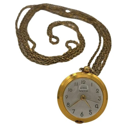 French Gold Bubble Pendant Watch w/ Skeleton View by Avril w/ 14K Gold Chain