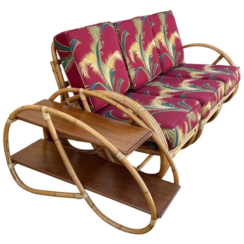 Restored Rattan 3-Strand Full Round Pretzel Sofa & Side Table Living Room Set