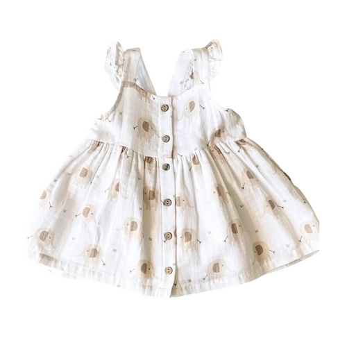 Organic Muslin Dress and Bloomers - Elephant, 12-18m