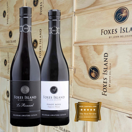 Foxes Island Icon Le Renard and Estate Pinot Noir in a wood wine box