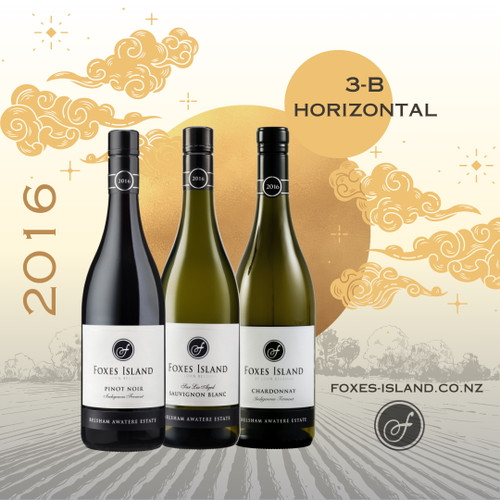 Foxes Island Wines three bottle 2016 wine horizontal, Sauvignon Blanc, Chardonnay, and Pinot Noir wines