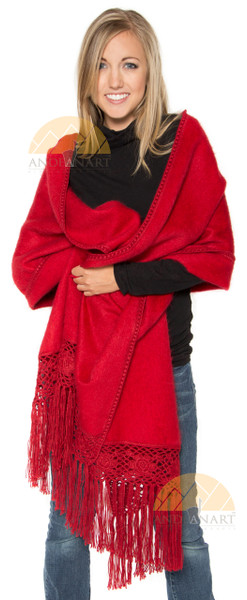 Alpaca Shawl Hand Crocheted Flowers on Trim - Alpaca Carrasco - Flame (bright red) - 16843501