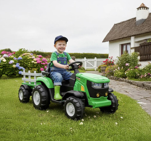 Funstuff Turbo Harvest  12V Electric Ride On Tractor with Trailer Green 