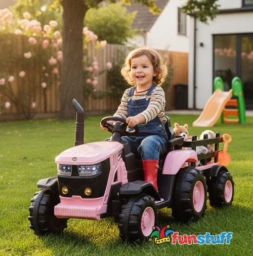 Funstuff Turbo Harvest  12V Electric Ride On Tractor with Trailer Pink 